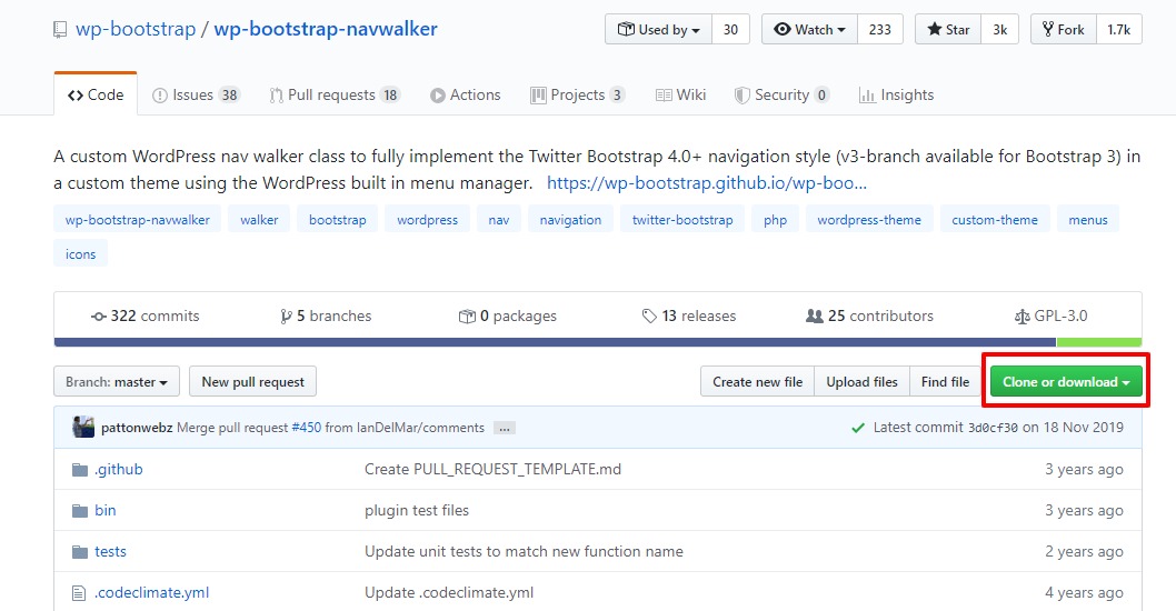  Github から wp-bootstrap-navwalker をダウンロードします