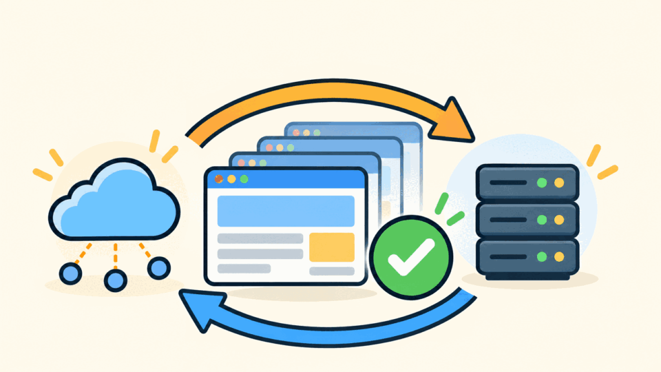WordPress・サーバー・CDN・ブラウザの順にキャッシュ層を確認するイメージ