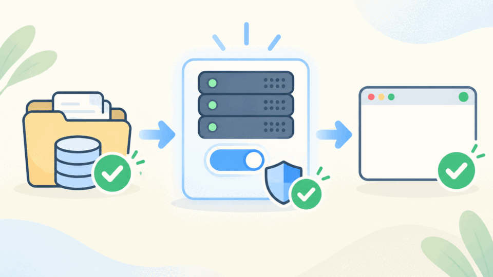 WordPressのPHPバージョンをバックアップ後に変更して段階確認する流れのイメージ