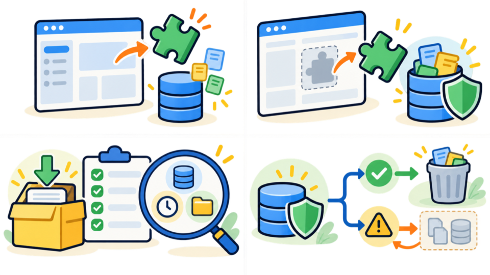 プラグイン本体を削除してもデータベースと設定が残る仕組みを示すイラスト